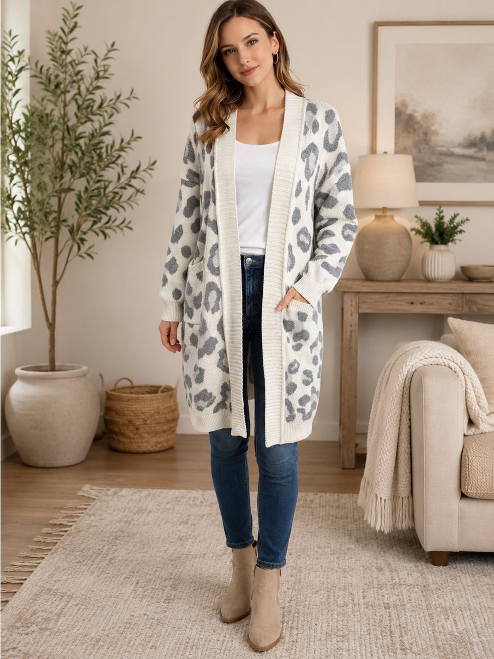 02)Pepper & Zoe Leopard Print Open Cardigan | Cozy Longline Knit Sweater. Ptp 22